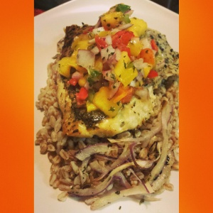 Snapper Filet over thyme infused Farro with fresh mango salsa